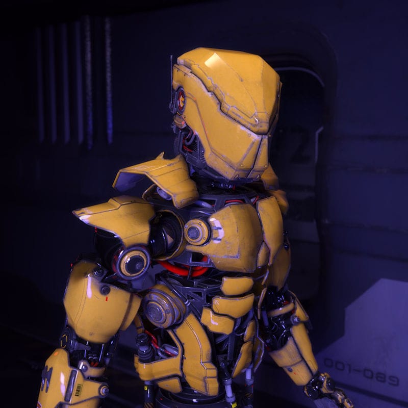 3D robot with yellow armor.